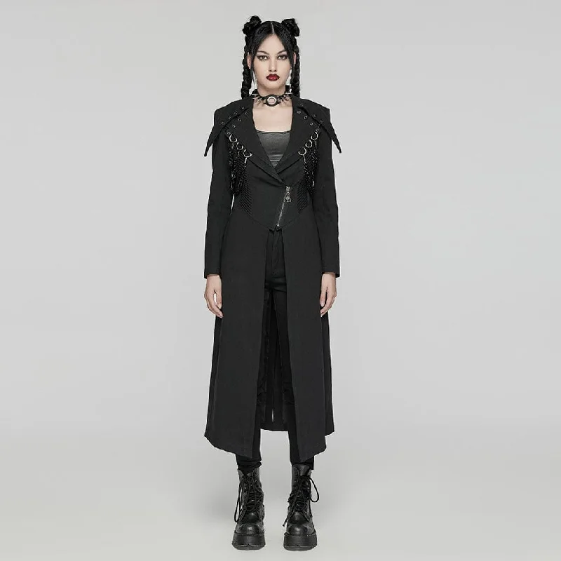 Shearling - lined women's leather coats for ultimate warmth and luxuryWomen's Punk Turn Down Collar Metal Chains Long Coat