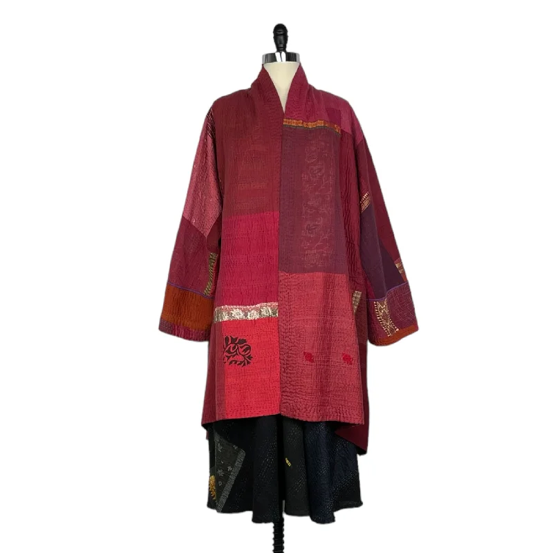 Women's cropped leather coats with silver studs for an edgy lookSW PATCH KANTHA KIMONO LONG JACKET Women's cropped leather coats with silver studs for an edgy lookSW PATCH KANTHA KIMONO LONG JACKET