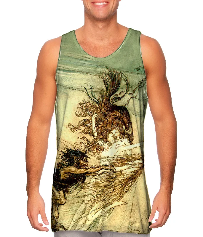 Plus Size Women's Ruffled Hem Tank Tops with Floral PrintsArthur Rackham - "Rhine Maidens Tease" (1910) Plus Size Women's Ruffled Hem Tank Tops with Floral PrintsArthur Rackham - "Rhine Maidens Tease" (1910)