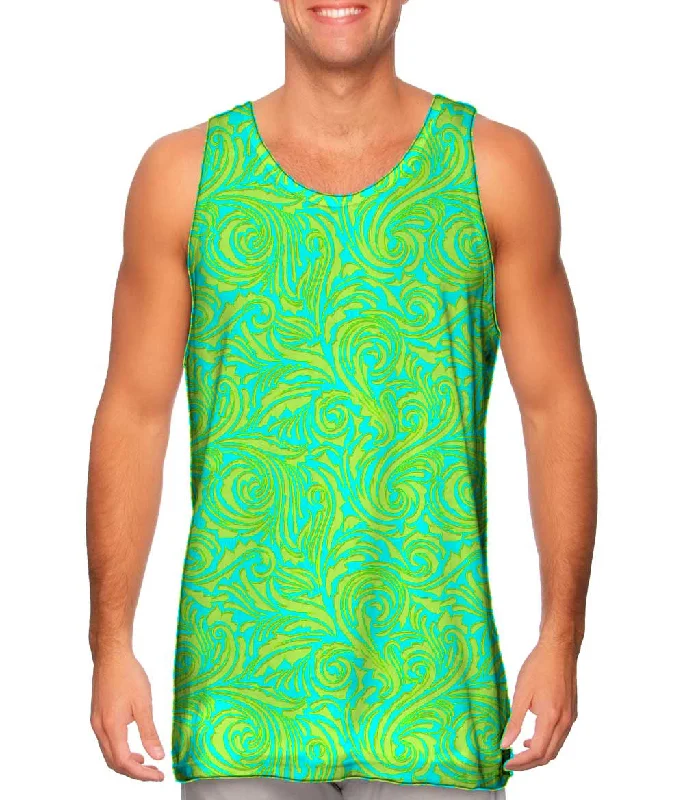 Plus Size Women's Puff - Sleeve Tank Tops in Pastel HuesAutumn Me Aqua Leaf Swirls Pattern