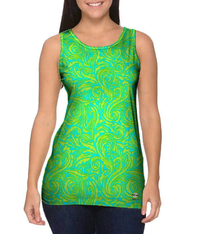 High - Neck Women's Silk Blend Tank Tops for a Luxurious FeelAutumn Me Aqua Leaf Swirls Pattern