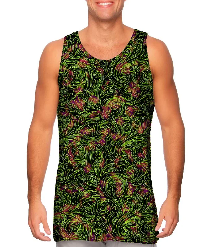 Women's Longline Tank Tops with Abstract PrintsAutumn Me Green Leaf Swirls Pattern