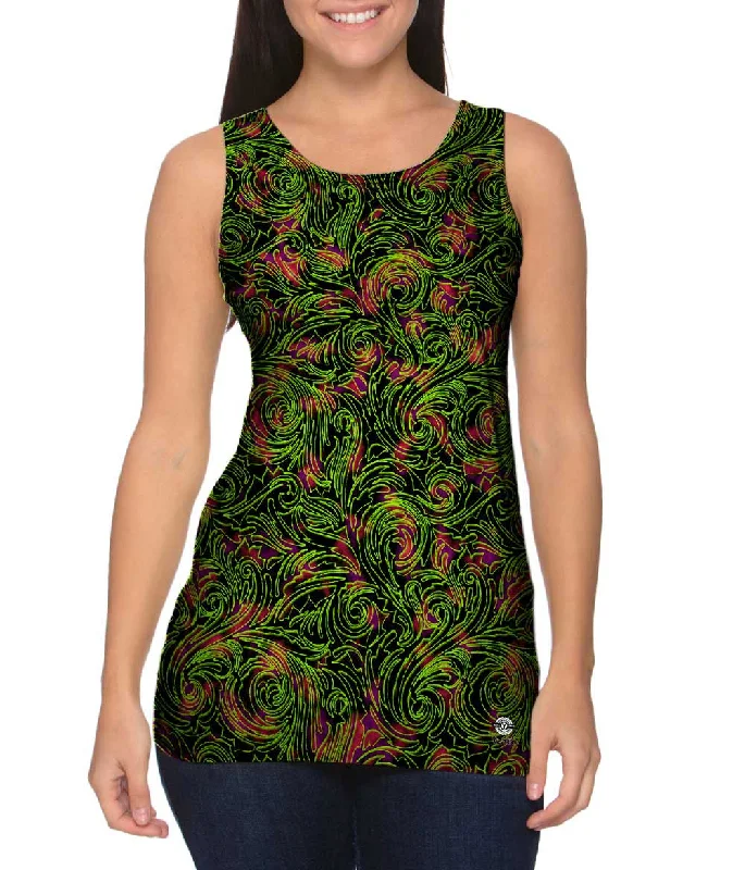 Plus Size Women's Glitter - Trimmed Tank Tops for Party NightsAutumn Me Green Leaf Swirls Pattern Plus Size Women's Glitter - Trimmed Tank Tops for Party NightsAutumn Me Green Leaf Swirls Pattern