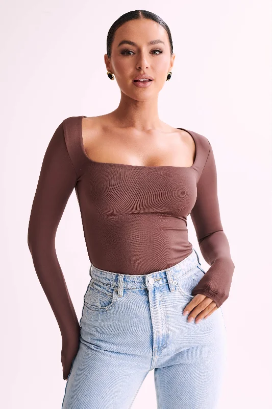 Metallic Accent Women Long Sleeve Top for a Glamorous LookBridget Recycled Nylon Long Sleeve Top - Mocha Metallic Accent Women Long Sleeve Top for a Glamorous LookBridget Recycled Nylon Long Sleeve Top - Mocha