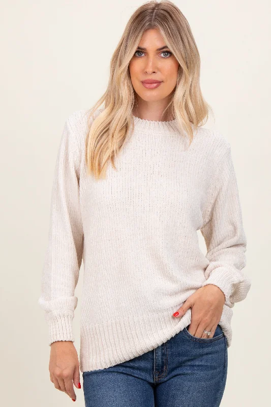 Lightweight Women Long Sleeve Top for Spring and AutumnCream Chenille Knit Sweater