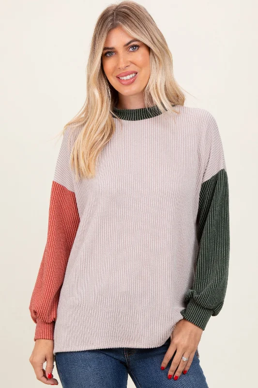 Puffer - Sleeve Women Long Sleeve Top for a Fashion - Forward LookCream Ribbed Colorblock Side Slit Top Puffer - Sleeve Women Long Sleeve Top for a Fashion - Forward LookCream Ribbed Colorblock Side Slit Top