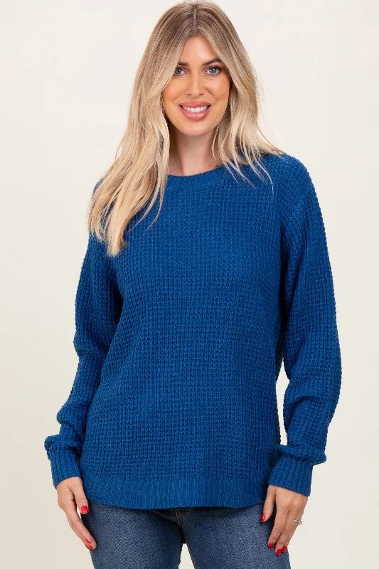 Cropped Women Long Sleeve Top to Pair with High - Waisted BottomsDark Blue Waffle Knit Rounded Hem Sweater Cropped Women Long Sleeve Top to Pair with High - Waisted BottomsDark Blue Waffle Knit Rounded Hem Sweater