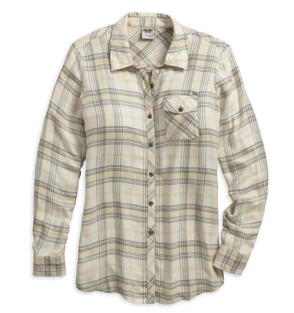 Metallic Accent Women Long Sleeve Top for a Glamorous LookHarley-Davidson® Women's Relaxed Fit Long Sleeve Plaid Shirt, White 96019-18VW Metallic Accent Women Long Sleeve Top for a Glamorous LookHarley-Davidson® Women's Relaxed Fit Long Sleeve Plaid Shirt, White 96019-18VW