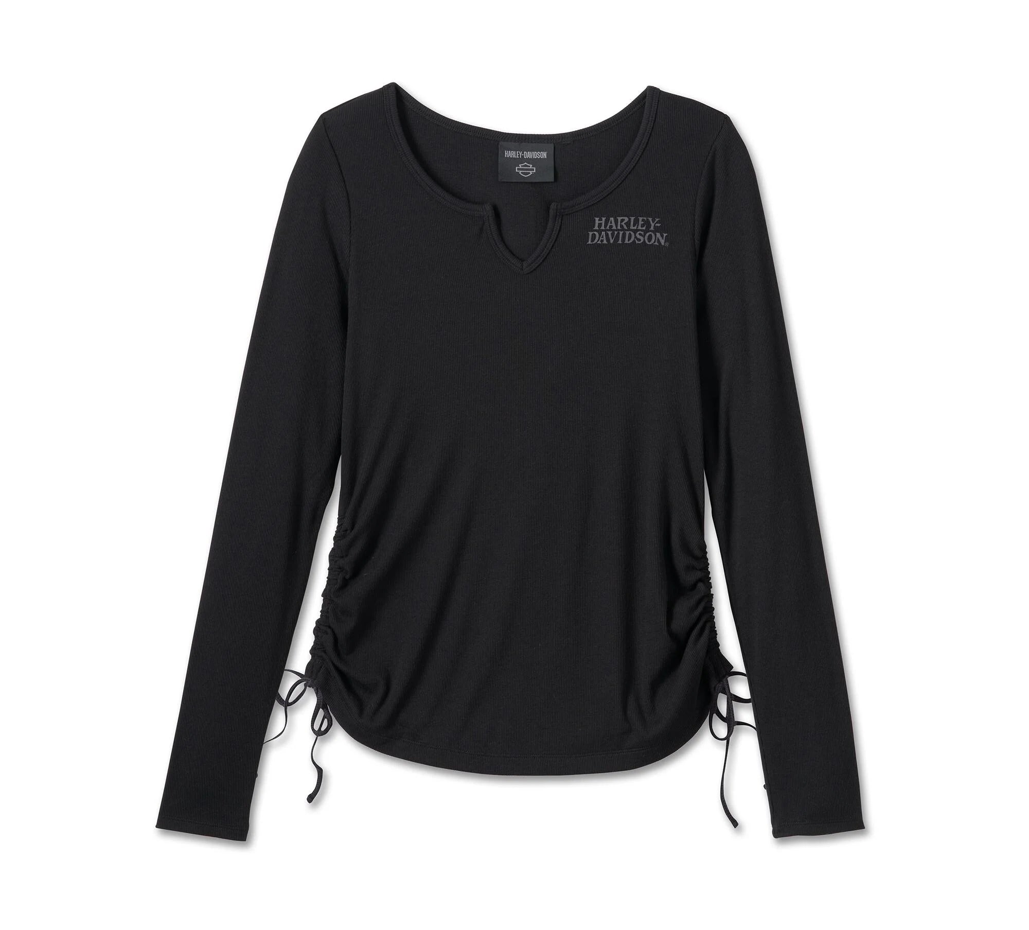 Cropped Women Long Sleeve Top to Pair with High - Waisted BottomsHarley-Davidson® Women's Willie G™ Skull Tie Notch Neck Knit Top - 99060-24VW Cropped Women Long Sleeve Top to Pair with High - Waisted BottomsHarley-Davidson® Women's Willie G™ Skull Tie Notch Neck Knit Top - 99060-24VW