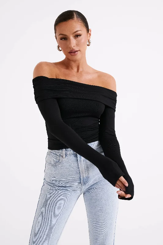 Striped Women Long Sleeve Top in a Timeless PatternLucinda Recycled Nylon Off Shoulder Top - Black Striped Women Long Sleeve Top in a Timeless PatternLucinda Recycled Nylon Off Shoulder Top - Black