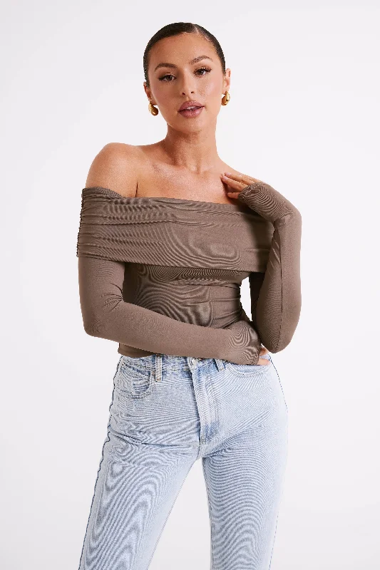 Ruffled Cuff Women Long Sleeve Top with a Feminine TouchLucinda Recycled Nylon Off Shoulder Top - Coco Ruffled Cuff Women Long Sleeve Top with a Feminine TouchLucinda Recycled Nylon Off Shoulder Top - Coco