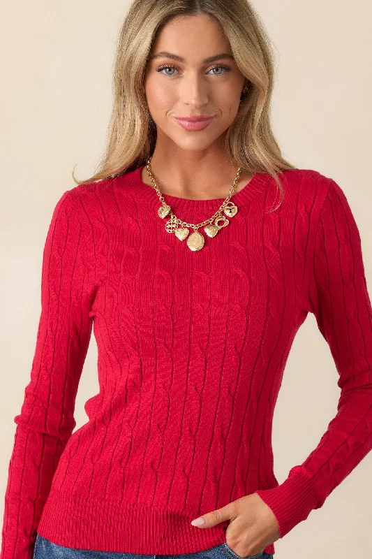 Puffer - Sleeve Women Long Sleeve Top for a Fashion - Forward LookSoftly Spoken Red Cable Knit Sweater Puffer - Sleeve Women Long Sleeve Top for a Fashion - Forward LookSoftly Spoken Red Cable Knit Sweater