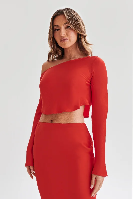 Floral Printed Women Long Sleeve Top for a Romantic LookVioleta One Shoulder Satin Top - Red Floral Printed Women Long Sleeve Top for a Romantic LookVioleta One Shoulder Satin Top - Red