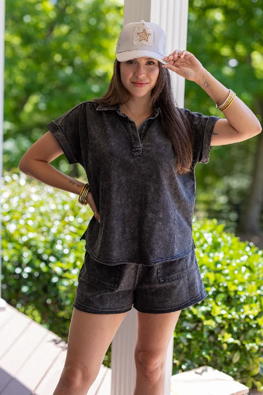 Polo shirt with a detachable hood for added versatilityVacay Trends Washed Black Set Polo shirt with a detachable hood for added versatilityVacay Trends Washed Black Set