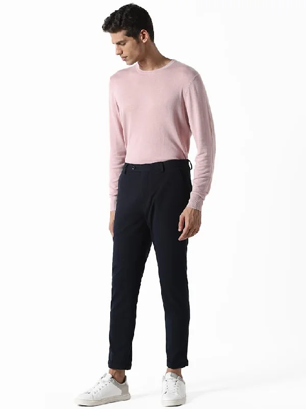 Metallic - trimmed polo shirt for a glamorous lookWES Formals Solid Navy Slim-Fit Mid-Rise Trousers Metallic - trimmed polo shirt for a glamorous lookWES Formals Solid Navy Slim-Fit Mid-Rise Trousers