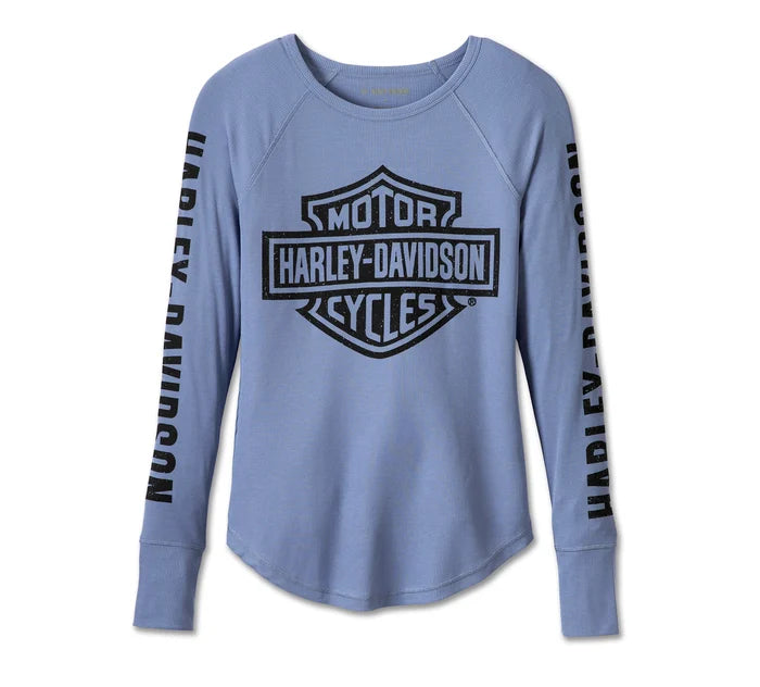 Metallic Accent Women Long Sleeve Top for a Glamorous LookWomen's Authentic Bar & Shield Rib-Knit Top - Colony Blue 96685-23VW Metallic Accent Women Long Sleeve Top for a Glamorous LookWomen's Authentic Bar & Shield Rib-Knit Top - Colony Blue 96685-23VW