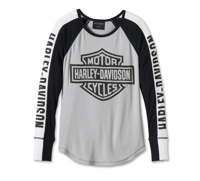Printed Graphic Women Long Sleeve Top with a Bold StatementWomen's Bar & Shield Raglan Long Sleeve Tee - Colorblocked Grey 96144-24VW Printed Graphic Women Long Sleeve Top with a Bold StatementWomen's Bar & Shield Raglan Long Sleeve Tee - Colorblocked Grey 96144-24VW