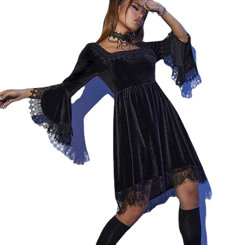 Ruffled Cuff Women Long Sleeve Top with a Feminine TouchWomen's Gothic Flared Sleeved Lace Hem Velvet Dress