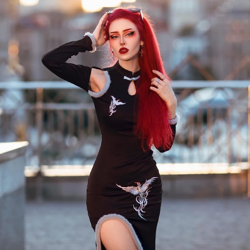 Metallic Accent Women Long Sleeve Top for a Glamorous LookWomen's Grunge Cheongsam Collar Split Dress Metallic Accent Women Long Sleeve Top for a Glamorous LookWomen's Grunge Cheongsam Collar Split Dress
