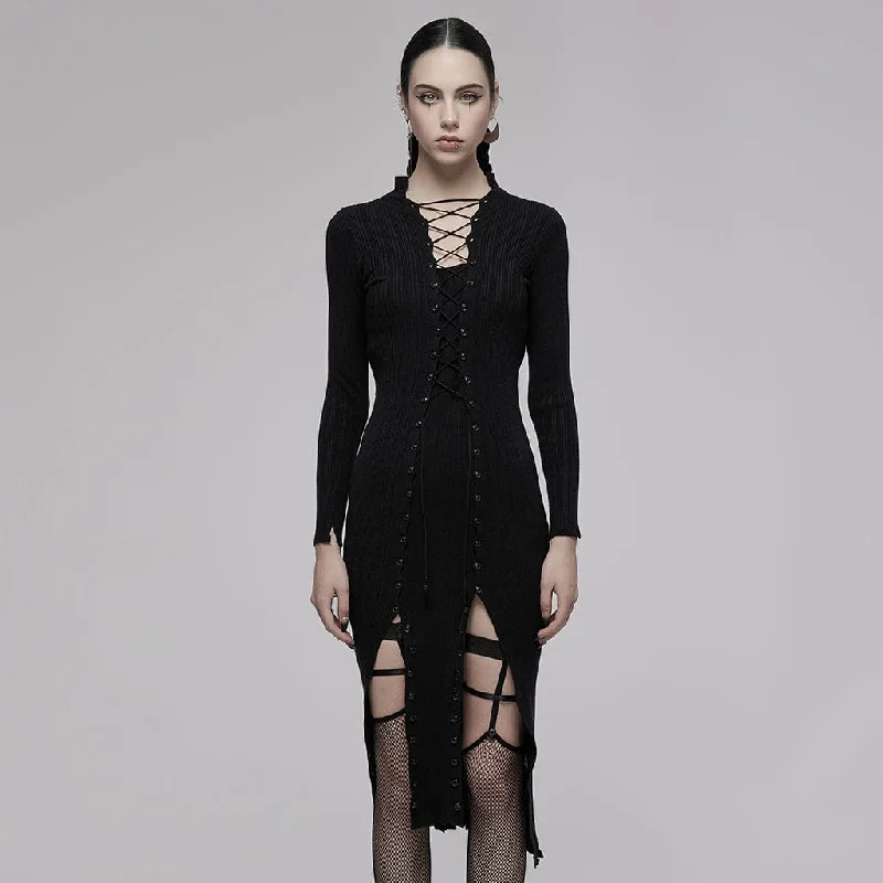 Mock Neck Women Long Sleeve Top for a Modern AestheticWomen's Grunge Lacing-up Long Sleeved Knitted Dress Mock Neck Women Long Sleeve Top for a Modern AestheticWomen's Grunge Lacing-up Long Sleeved Knitted Dress