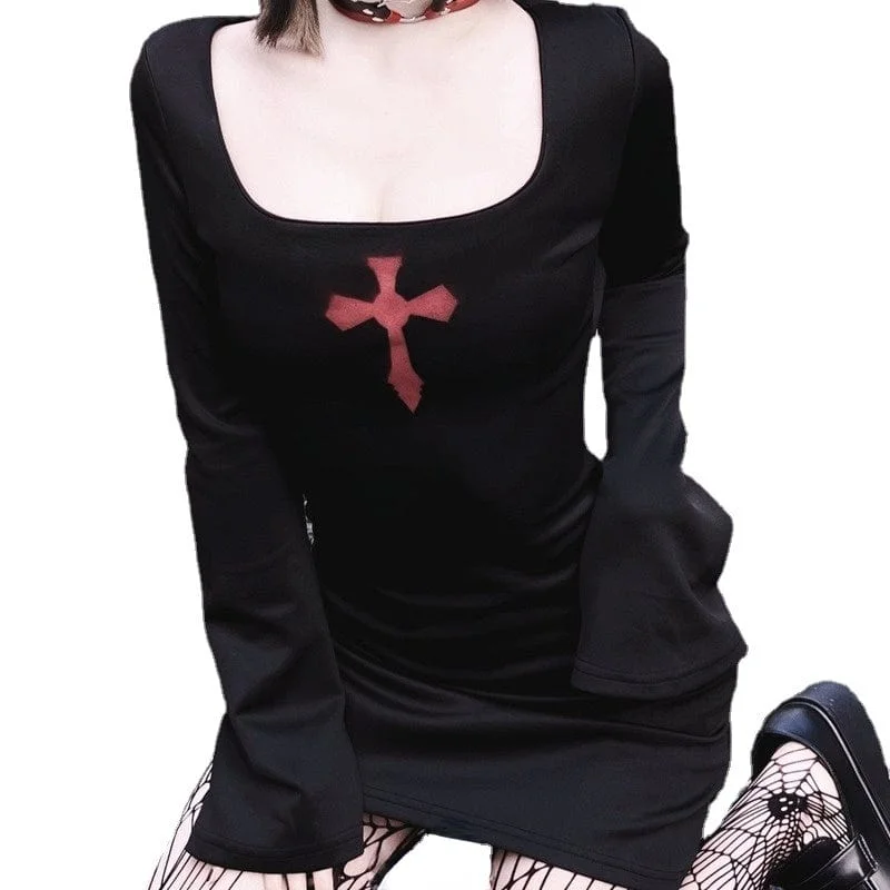 Striped Women Long Sleeve Top in a Timeless PatternWomen's Grunge Slim Fitted Cross Printed Dress Striped Women Long Sleeve Top in a Timeless PatternWomen's Grunge Slim Fitted Cross Printed Dress