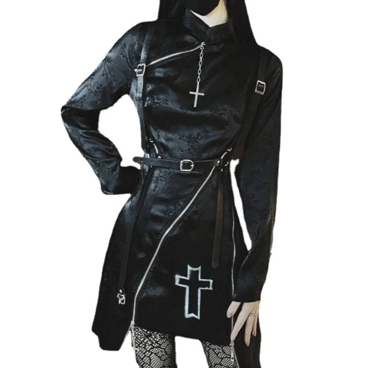 Lightweight Women Long Sleeve Top for Spring and AutumnWomen's Punk Cross Printed Zipper Cheongsam Dress Lightweight Women Long Sleeve Top for Spring and AutumnWomen's Punk Cross Printed Zipper Cheongsam Dress