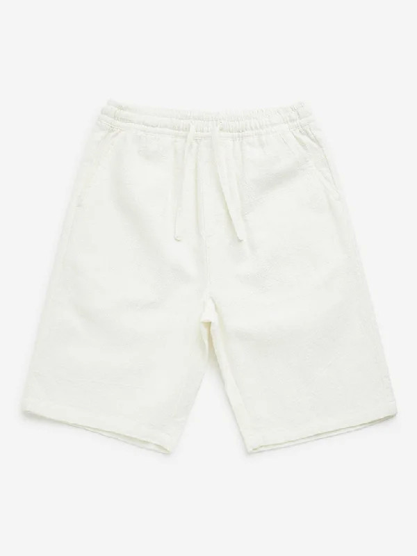 Y&F Kids Off-White Textured Mid-Rise Cotton Shorts