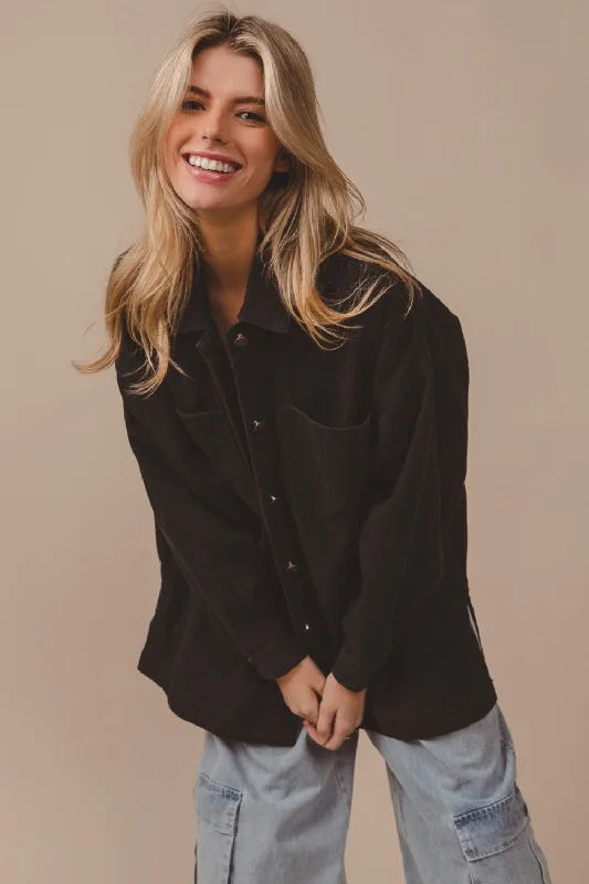 Women's bomber jackets with floral embroidery for a feminine and unique designBiBi Button Up Washed Jacket with Pockets
