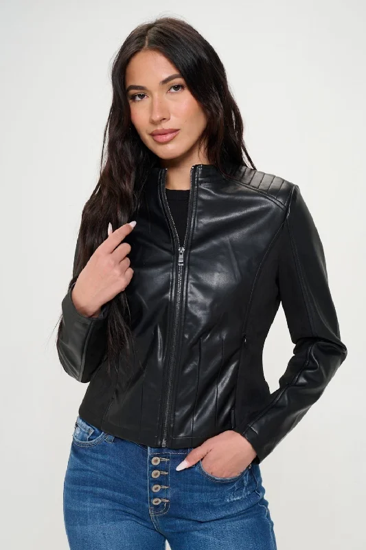Women's cropped down jackets in bold colors for a sporty and fashionable winter outfitCoalition LA Zip Up Vegan Moto Jacket Women's cropped down jackets in bold colors for a sporty and fashionable winter outfitCoalition LA Zip Up Vegan Moto Jacket