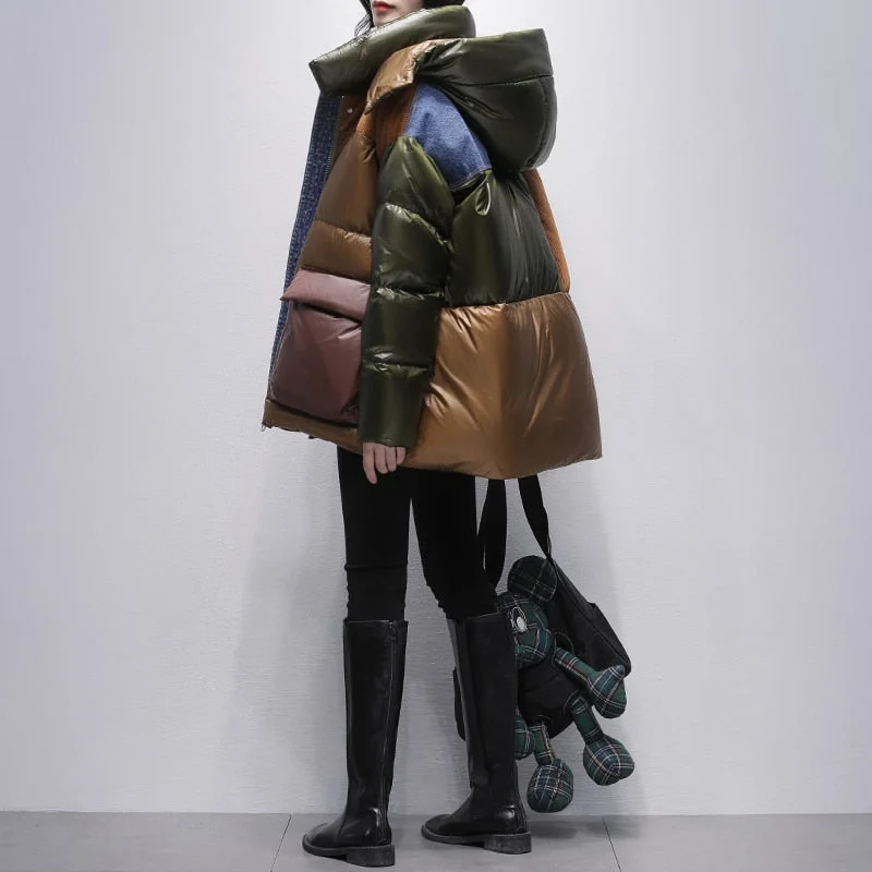 Women's pea coats in a plus - size fit for a flattering and warm winter coatColor Block Denim Spliced Hooded Down Jacket