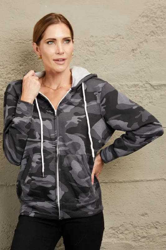 Women's cropped satin jackets in pastel shades for a glamorous evening outCamouflage Drawstring Detail Zip Up Hooded Jacket Women's cropped satin jackets in pastel shades for a glamorous evening outCamouflage Drawstring Detail Zip Up Hooded Jacket