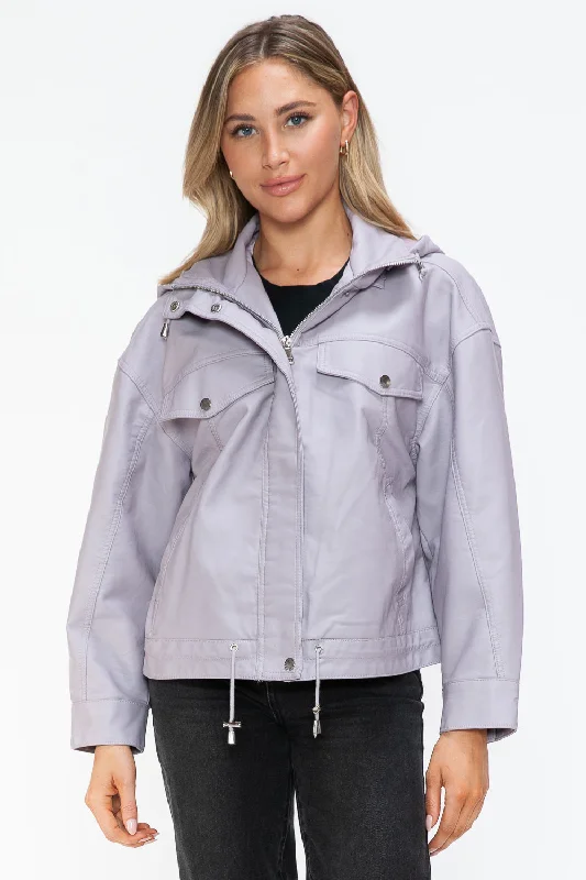 Women's bomber jackets with floral embroidery for a feminine and unique designDrawstring Hem PU Leather Zip Up Jacket