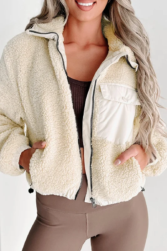 Women's denim jackets with distressed details for a casual and edgy lookDrawstring Zip Up Sherpa Jacket with Removable Hood