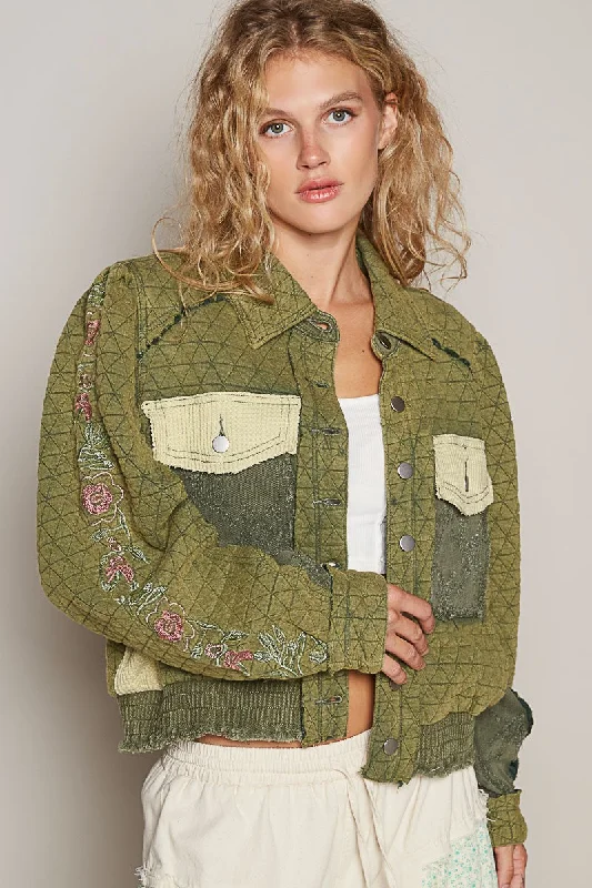 Women's moto jackets with a lace - up front for a unique and stylish touchEmbroidered Sleeve Raw Edge Quilted Jacket