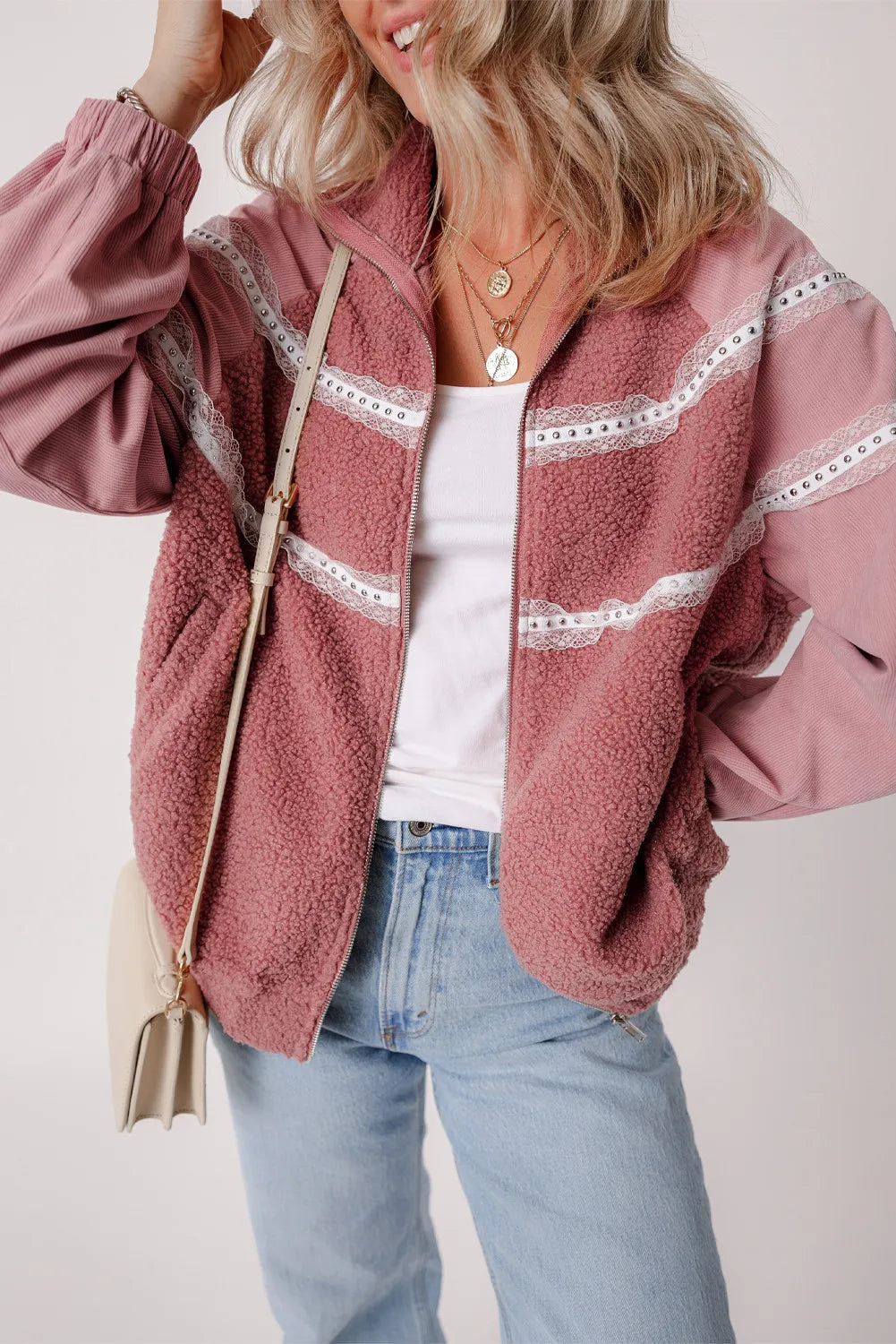 Women's long - length wool blend jackets for a warm and stylish winter lookFuzzy Lace Detail Zip Up Long Sleeve Jacket Women's long - length wool blend jackets for a warm and stylish winter lookFuzzy Lace Detail Zip Up Long Sleeve Jacket