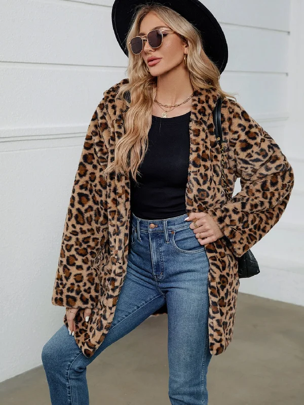 Women's moto jackets with a lace - up front for a unique and stylish touchFuzzy Leopard Hooded Long Sleeve Jacket Women's moto jackets with a lace - up front for a unique and stylish touchFuzzy Leopard Hooded Long Sleeve Jacket