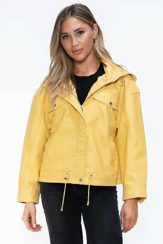 Women's windbreaker jackets with adjustable hoods for windy daysDrawstring Hem PU Leather Zip Up Jacket