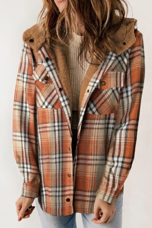 Women's denim jackets with a patchwork design for a bohemian and artsy stylePlaid Button Up Long Sleeve Hooded Jacket