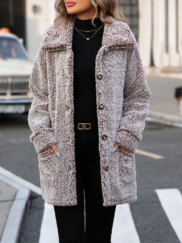 Women's cropped leather jackets with silver zippers for a punk - inspired outfitPocketed Collared Neck Long Sleeve Plush Jacket Women's cropped leather jackets with silver zippers for a punk - inspired outfitPocketed Collared Neck Long Sleeve Plush Jacket