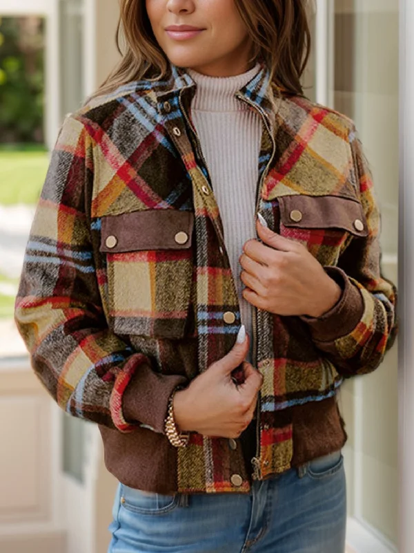 Women's faux fur - trimmed denim jackets for a trendy and cozy stylePocketed Plaid Long Sleeve Jacket Women's faux fur - trimmed denim jackets for a trendy and cozy stylePocketed Plaid Long Sleeve Jacket