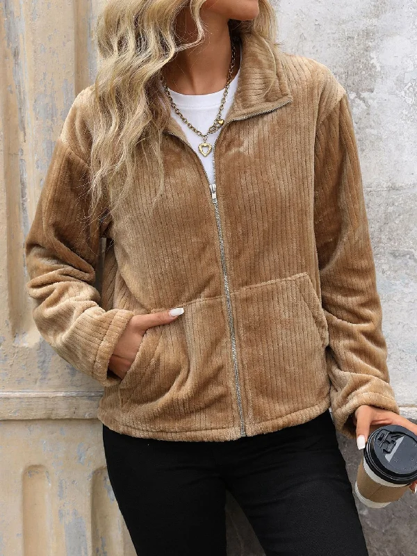 Women's military - style jackets with epaulets for a tough and fashionable appearancePocketed Zip Up Collared Neck Long Sleeve Jacket Women's military - style jackets with epaulets for a tough and fashionable appearancePocketed Zip Up Collared Neck Long Sleeve Jacket