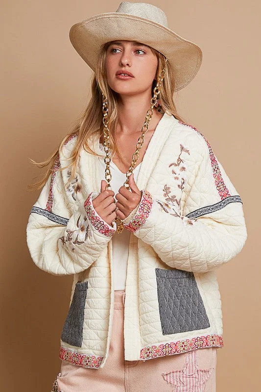 Women's moto jackets with a lace - up front for a unique and stylish touchEmbroidered Open Front Long Sleeve Jacket