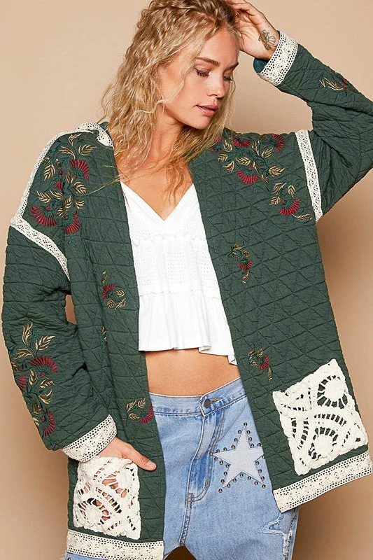 Women's denim jackets with distressed details for a casual and edgy lookEmbroidered Open Front Quilted Jacket with Crochet Pockets