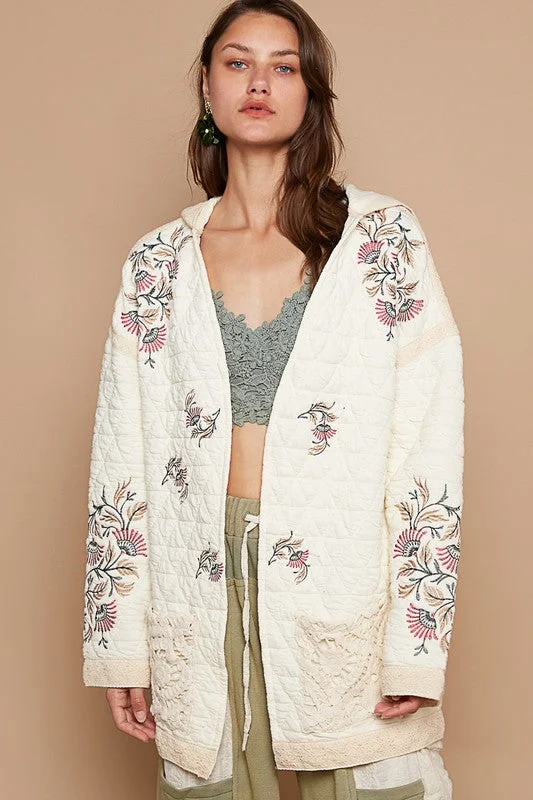 Women's shearling - lined suede jackets for ultimate warmth and luxuryEmbroidered Open Front Quilted Jacket with Crochet Pockets