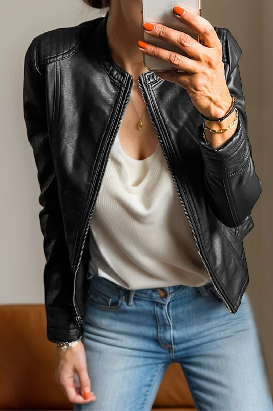 Women's long - line cardigan jackets in a soft knit for a cozy and elegant lookPU Leather Round Neck Long Sleeve Jacket Women's long - line cardigan jackets in a soft knit for a cozy and elegant lookPU Leather Round Neck Long Sleeve Jacket