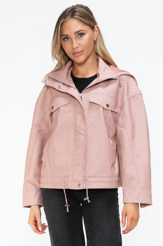 Women's double - breasted tweed jackets in classic colors for a sophisticated office lookDrawstring Hem PU Leather Zip Up Jacket