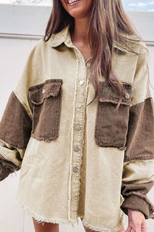 Women's cropped leather jackets with silver zippers for a punk - inspired outfitRaw Hem Contrast Collared Neck Jacket