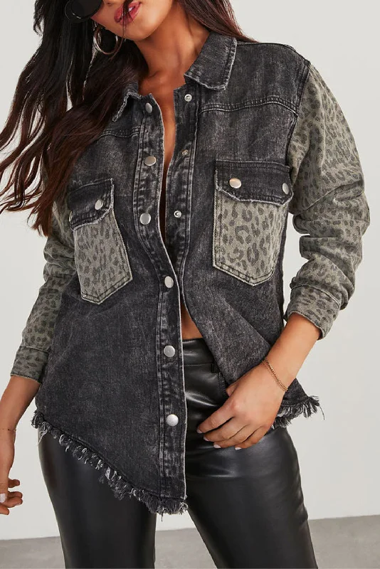 Women's quilted puffer jackets in a cropped silhouette for a modern twistRaw Hem Leopard Snap Down Denim Jacket