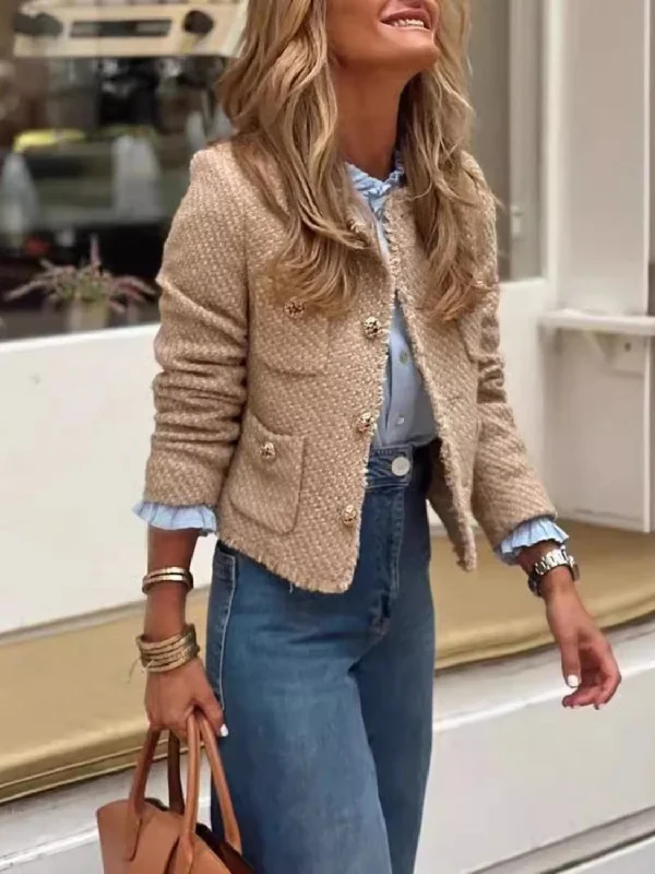 Women's denim jackets with a patchwork design for a bohemian and artsy styleRaw Hem Pocketed Round Neck Jacket Women's denim jackets with a patchwork design for a bohemian and artsy styleRaw Hem Pocketed Round Neck Jacket