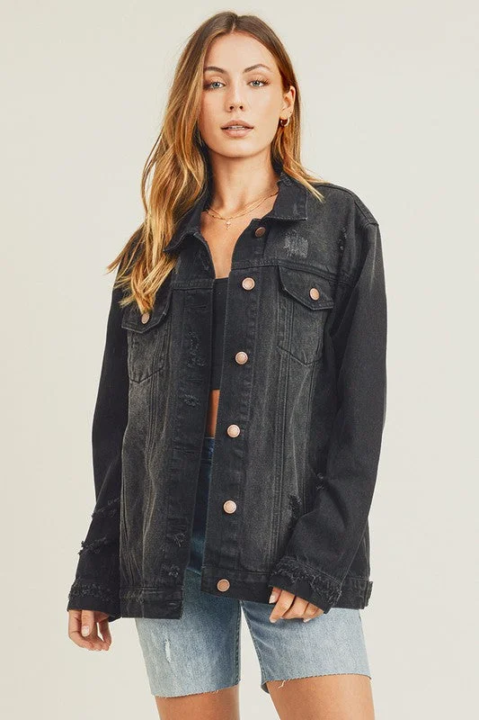 Women's bomber jackets with a holographic finish for a futuristic and eye - catching lookRISEN Distressed Long Sleeve Denim Jacket